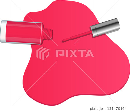 Vibrant pink nail polish spills onto a black surface, accompanied by an open bottle and brush. Vibrant pink nail polish spills onto a black surface, accompanied by an open bottle and brush. 131470164