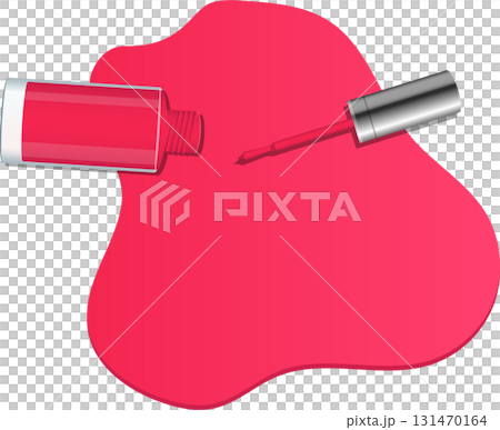 Vibrant pink nail polish spills onto a black surface, accompanied by an open bottle and brush. 131470164