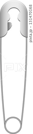 A silver safety pin is displayed against a black background. It is closed and ready for use. 131470168