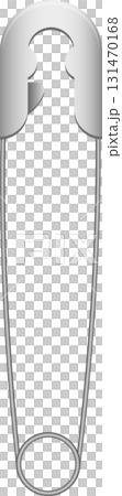 A silver safety pin is displayed against a black background. It is closed and ready for use. 131470168