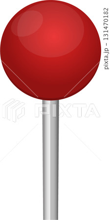 Illustration of a red push pin with a shiny red rounded head and a silver pin shaft. 131470182