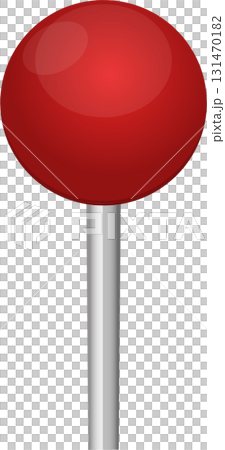 Illustration of a red push pin with a shiny red rounded head and a silver pin shaft. 131470182