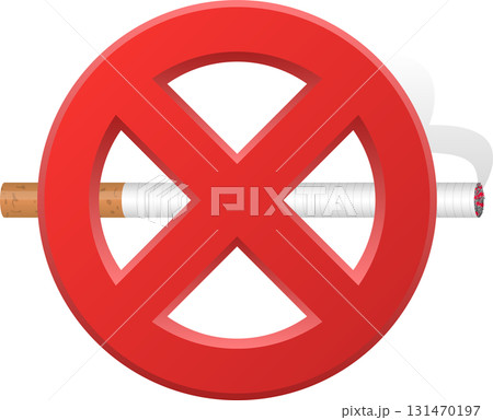 A prominent red prohibition sign placed directly over a cigarette implies a strict no-smoking policy. A prominent red prohibition sign placed directly over a cigarette implies a strict no-smoking policy. 131470197