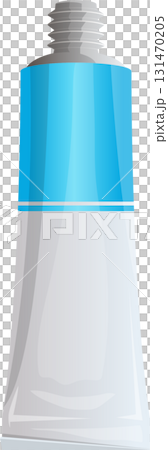 Squeezable tube of liquid or gel product with light blue and grey color scheme. Empty opening. 131470205
