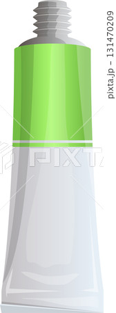 Cartoon illustration of a tube with a lime green top and grey threaded nozzle opening. 131470209