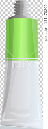 Cartoon illustration of a tube with a lime green top and grey threaded nozzle opening. 131470209