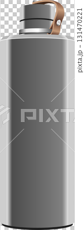 Metallic water bottle with a brown handle against a plain background, promoting hydration. Metallic water bottle with a brown handle against a plain background, promoting hydration. 131470221