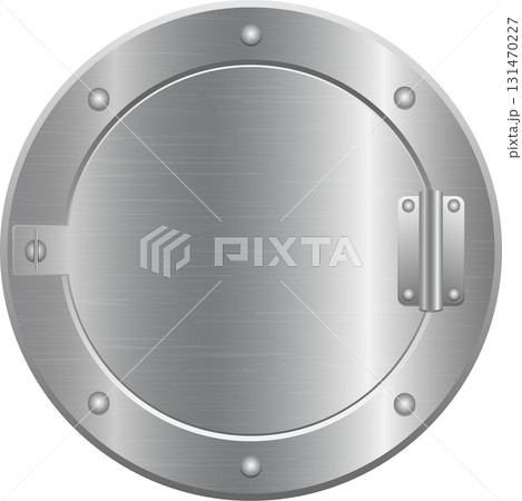 Heavy duty metal door hatch with a round shape and hinge mechanism, secured by small rivets. 131470227