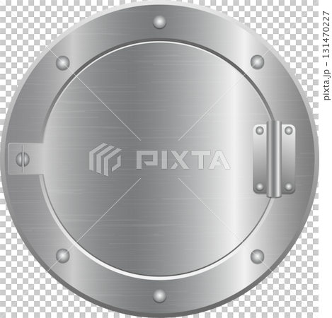 Heavy duty metal door hatch with a round shape and hinge mechanism, secured by small rivets. 131470227