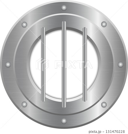 A metallic porthole with bars, illuminated by a bright, white light coming from behind it. 131470228