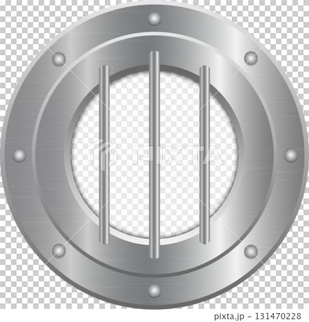 A metallic porthole with bars, illuminated by a bright, white light coming from behind it. 131470228