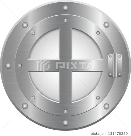 Brushed silver round hatch with reinforced cross, featuring rivets and a locking mechanism. 131470229