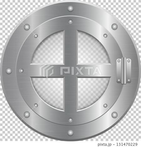 Brushed silver round hatch with reinforced cross, featuring rivets and a locking mechanism. 131470229