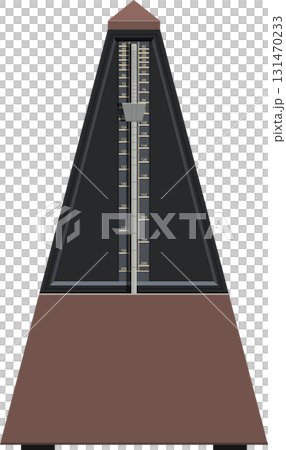 A classical wooden metronome stands in a black background, counting out the musical time. 131470233