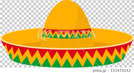 A traditional yellow sombrero with vibrant red and green zig-zag patterns on the brim and top. 131470242