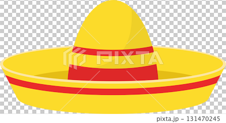 A vibrant yellow sombrero with red stripes, perfect for sunny days and festive celebrations. 131470245