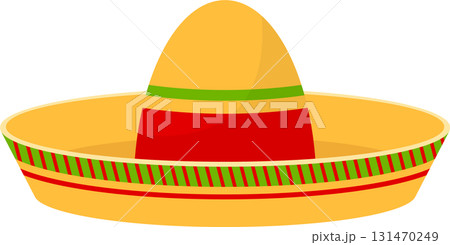 Stylized traditional yellow and red sombrero with green accents on a plain black backdrop. 131470249