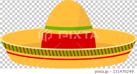 Stylized traditional yellow and red sombrero with green accents on a plain black backdrop. 131470249