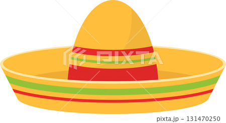 A traditional Mexican hat with colorful stripes and large brim, commonly worn for festive events. 131470250