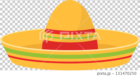 A traditional Mexican hat with colorful stripes and large brim, commonly worn for festive events. 131470250