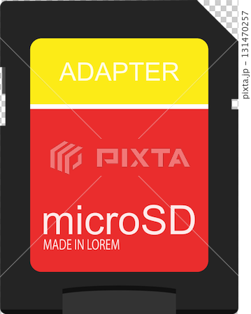 Illustration of a microSD card adapter with yellow and red sections on a black background. 131470257