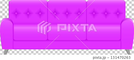 Stylized bright pink couch with tufted back, three seat cushions, and rounded arm rests. 131470263