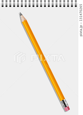 A classic yellow pencil diagonally placed on a blank spiral notebook, ready for notes or drawings. 131470265