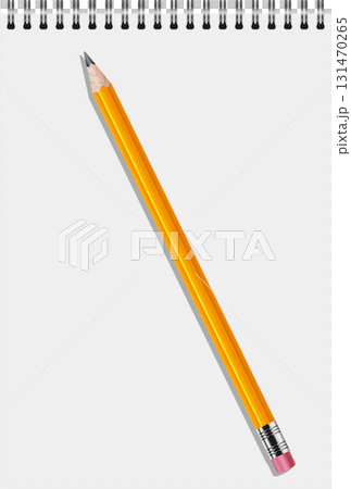 A classic yellow pencil diagonally placed on a blank spiral notebook, ready for notes or drawings. 131470265