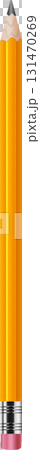 A graphic illustration of a striped, yellow, unsharpened pencil with eraser and silver ferrule. 131470269
