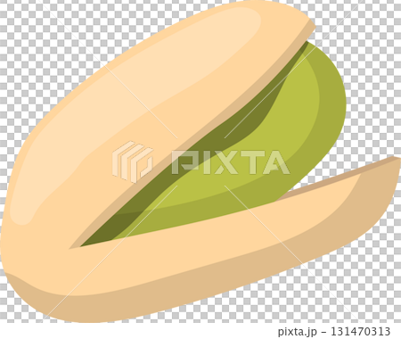 A partially cracked pistachio shell reveals the bright green nut inside, inviting snacking. 131470313