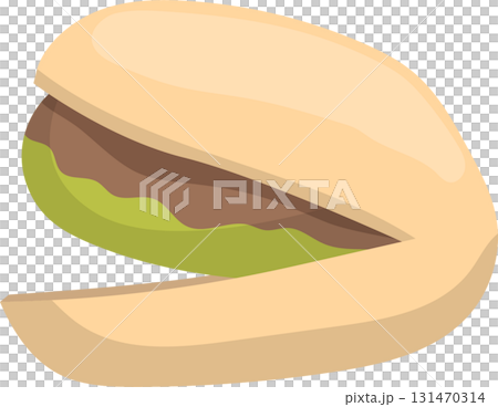 An illustration of an open pistachio showing the nut inside its shell on a black background. 131470314