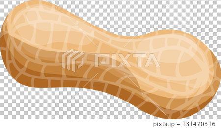A close-up of a peanut still in the shell. The shell is brown, beige with a patterned texture. 131470316