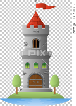 Whimsical stone tower with red roof and flag, standing guard on an island near the waters edge. 131470332