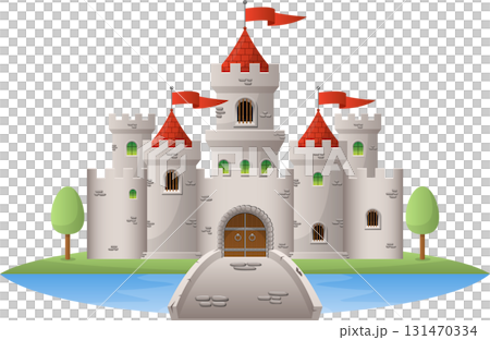 Cartoon castle with red flags on a green island. It has stone towers, a bridge, and water. Cartoon castle with red flags on a green island. It has stone towers, a bridge, and water. 131470334
