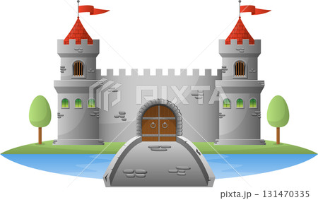 Cartoon castle with towers, bridge, and moat evoking a sense of fairytale and medieval stories. Cartoon castle with towers, bridge, and moat evoking a sense of fairytale and medieval stories. 131470335