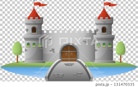 Cartoon castle with towers, bridge, and moat evoking a sense of fairytale and medieval stories. Cartoon castle with towers, bridge, and moat evoking a sense of fairytale and medieval stories. 131470335