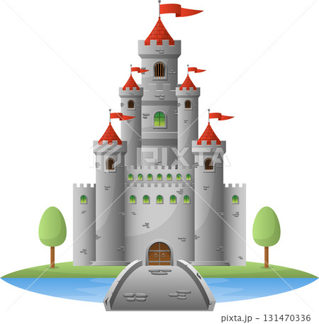 A majestic gray castle with red flags stands tall on an island surrounded by a moat. 131470336