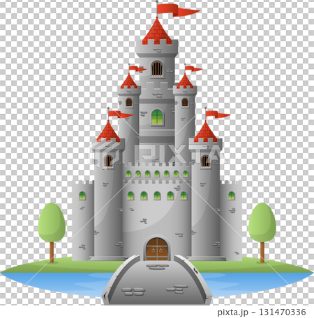 A majestic gray castle with red flags stands tall on an island surrounded by a moat. A majestic gray castle with red flags stands tall on an island surrounded by a moat. 131470336