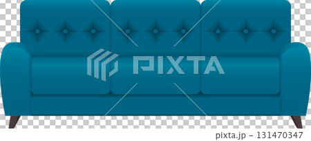 A modern, blue sofa with tufted back cushions offers comfort and style to any contemporary living space. 131470347