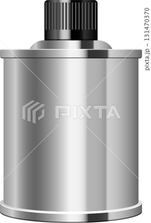 Cylindrical metal container with a ridged top, reflecting light, with a black background. 131470370