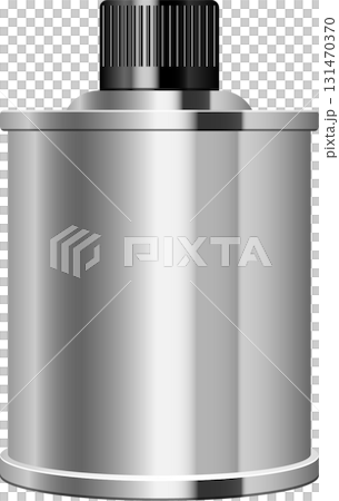 Cylindrical metal container with a ridged top, reflecting light, with a black background. 131470370