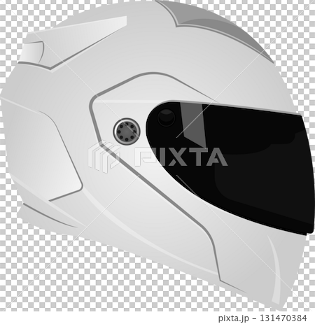 A white motorcycle helmet with a dark visor provides head protection for a motorcycle driver. A white motorcycle helmet with a dark visor provides head protection for a motorcycle driver. 131470384