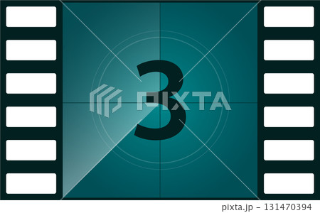 Old-fashioned film countdown with the number 3 in the center, in front of teal background. Old-fashioned film countdown with the number 3 in the center, in front of teal background. 131470394