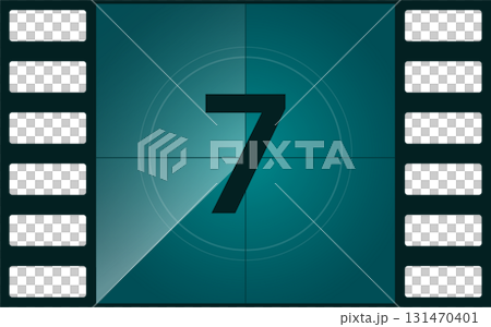 A countdown graphic displays the number 7 on a teal screen within a classic filmstrip frame. A countdown graphic displays the number 7 on a teal screen within a classic filmstrip frame. 131470401