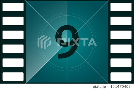 Film countdown leader graphic with a large number nine set against a teal colored background. 131470402