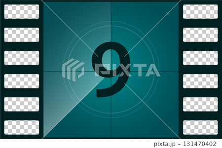 Film countdown leader graphic with a large number nine set against a teal colored background. 131470402