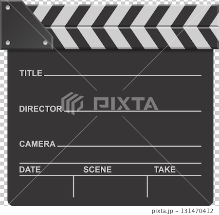 Film slate marking title, director, camera, date, scene, and take for filmmaking and video production. 131470412