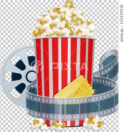 Cartoon film themed image featuring a bucket of popcorn, film reel, film strip and a ticket. 131470416