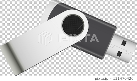 A grey and silver universal serial bus drive sits at an angle, with a black background. A grey and silver universal serial bus drive sits at an angle, with a black background. 131470426