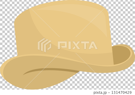 A vintage-style beige bowler hat with a rounded crown and curled brim against a black background. 131470429